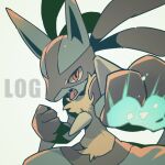  animal_focus artist_name clenched_hand commentary_request english_text foreshortening glowing_hands incoming_attack lucario no_humans open_mouth outstretched_arm pokemon pokemon_(creature) red_eyes sharp_teeth simple_background slit_pupils standing straight-on teeth tetori tongue 