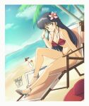  1980s_(style) 1girl ayukawa_madoka beach beach_chair bikini black_hair bracelet chair danmakuman day flower green_eyes hair_flower hair_ornament highres jewelry kimagure_orange_road long_hair looking_at_viewer lounge_chair necklace ocean outdoors palm_tree pink_flower red_bikini retro_artstyle sand sandals smile solo swimsuit tree tropical_drink very_long_hair white_footwear 