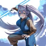  1girl alternate_costume azur_lane blue_eyes blue_lightsaber blue_shirt breasts commission commissioner_upload crossed_bangs double_bladed_lightsaber embroidery energy_sword gauntlets grey_hair hair_ornament highres holding_lightsaber intrepid_(azur_lane) jedi large_breasts lightsaber long_hair looking_at_viewer non-web_source seventeencrows shirt simple_background smile star_wars sword two_side_up weapon 