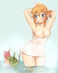  1girl :o arms_up blue_eyes blush breasts closed_mouth collarbone earrings hands_in_own_hair highres holding holding_stick jewelry korok large_breasts link nipples pointy_ears shiny_skin steam stick the_legend_of_zelda towel towel_slip ttanuu. wading water 