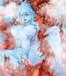  1boy 1girl blue_skin breasts claws clive_rosfield colored_skin female_pubic_hair final_fantasy final_fantasy_xvi hetero highres horns jill_warrick kerto nipples penis pubic_hair red_skin reverse_upright_straddle sex smile snowflakes spread_legs steaming_body tiara vaginal 