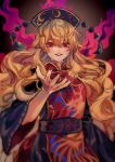  1girl absurdres black_dress blonde_hair chinese_clothes dress energy_tail garan_co highres junko_(touhou) long_hair long_sleeves neck_ribbon phoenix_crown pom_pom_(clothes) red_eyes red_nails red_tabard ribbon sash solo tabard touhou twitter_username wide_sleeves 
