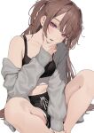  1girl absurdres black_shorts black_sports_bra breasts brown_hair collarbone commentary_request daluto_(hitomi555) feet_out_of_frame grey_sweater half-closed_eyes hand_on_own_chin head_tilt highres knees_apart_feet_together lips long_hair off_shoulder original panties panty_peek parted_lips pink_eyes pink_panties shorts simple_background sitting small_breasts solo sports_bra sweater sweater_vest two_side_up underwear white_background 