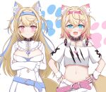  2girls animal_ear_fluff animal_ears arms_under_breasts bandaid bandaid_hair_ornament belt blonde_hair blue_belt blue_eyes blue_hair blue_nails blush breasts cleavage cleavage_cutout clothing_cutout collar cropped_shirt dog_ears dog_girl dog_tail dress frilled_shorts frills fuwawa_abyssgard hair_ornament hairpin hands_on_own_hips highres hololive hololive_english long_hair looking_at_viewer medium_breasts medium_hair mococo_abyssgard multicolored_hair multiple_girls nail_polish navel pink_belt pink_eyes pink_hair pink_nails sabamiso_(tomomon021831) shirt shorts siblings sisters small_breasts smile spiked_collar spikes streaked_hair tail twins two_side_up virtual_youtuber white_dress white_shirt white_shorts x_hair_ornament 