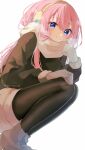  1girl blue_eyes boots earmuffs gloves hand_on_own_knee highres leggings looking_at_viewer mani_(manidrawings) megurine_luka pink_hair scarf smile solo vocaloid white_background 