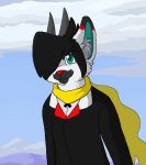 2014 aliasing anthro black_clothing black_hair black_markings black_topwear blue_sky bluekyokitty cel_shading clothed clothing cloud cosplay costume digital_drawing_(artwork) digital_media_(artwork) formal_wear fully_clothed fur grey_horn grey_inner_ear_fluff grimsley_(pokemon) hair hair_over_eye half-length_portrait horn inner_ear_fluff looking_at_viewer low_res male mammal markings narrowed_eyes nintendo one_eye_obstructed pokemon portrait red_markings red_nose scarf sebdoggo shaded sky solo teal_eyes teal_inner_ear topwear tuft white_body white_fur yellow_scarf