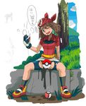  bad_id bad_pixiv_id bandana bike_shorts censored crotch_cutout haruka_(pokemon) hat holding holding_poke_ball no_panties novelty_censor one_eye_closed poke_ball poke_ball_(generic) pokemon pokemon_(anime) pokemon_ag public pussy_juice ryunryun simple_background solo spread_legs sweat tears torn_clothes translated white_background 