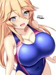  1girl blonde_hair blue_eyes blue_one-piece_swimsuit breasts cleavage competition_swimsuit covered_navel cowboy_shot dated hair_between_eyes highres iowa_(kancolle) kantai_collection large_breasts long_hair looking_at_viewer montemasa one-hour_drawing_challenge one-piece_swimsuit open_mouth simple_background smile solo star-shaped_pupils star_(symbol) swimsuit symbol-shaped_pupils twitter_username white_background 