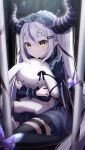  1girl absurdres black_dress black_thighhighs demon_horns dress grey_hair hair_ornament hairpin highres hololive horns hugging_doll hugging_object la+_darknesss lolita_fashion long_hair mia_(mk2022) multicolored_hair pointy_ears purple_hair solo streaked_hair thigh_strap thighhighs twintails very_long_hair virtual_youtuber yellow_eyes 