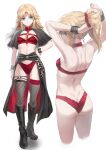  1girl arms_behind_head arms_up ass back bare_shoulders blonde_hair braid breasts fate/apocrypha fate_(series) french_braid green_eyes highres long_hair looking_at_viewer mordred_(fate) mordred_(fate/apocrypha) multiple_views parted_bangs ponytail sidelocks small_breasts thighs tonee tying_hair 