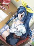  blue_hair bokura_ga_koko_ni_iru_fushigi. bookshelf breasts chair desk hair_ribbon long_hair maki_yahiro masturbation medium_breasts panties ribbon school_uniform self_fondle skirt solo striped suga_mayuri thighhighs underwear 