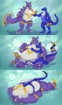 &lt;3 absurd_res anthro bandai_namco bed belly belly_bed big_belly claws cuddling digimon dragoneer_(character) duo embrace furniture groping_belly happy hi_res hug male male/male murasadramon obese obese_anthro obese_male overweight overweight_anthro overweight_male sequence size_difference smaller_male smile soft_belly taco_bell tail tail_motion tailwag the-b3ing tongue tongue_out weight_gain