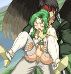  1girl armor black_hair blush bottomless carrying censored closed_eyes elincia_ridell_crimea fingerless_gloves fire_emblem fire_emblem:_akatsuki_no_megami fire_emblem:_souen_no_kiseki full_nelson gloves green_hair headband hetero mosaic_censoring no_panties open_mouth pegasus_knight penis pussy reverse_suspended_congress saliva sex shunzou spread_legs sweat tears thighhighs tibarn vaginal wings yellow_eyes 