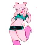 anthro black_bottomwear black_clothing black_shorts boss_monster bottomwear bovid caprine clothing crop_top cropped cute_fangs deltarune eyelashes fluffy fluffy_chest girly goat head_tuft horn hotpants leg_warmers legwear long_ears male mammal midriff one_eye_closed pink_eyes pink_horn ralsei shirt short_tail shorts simple_background solo tail thick_thighs topwear tuft undertale undertale_(series) v_rawr white_background wink