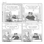 2023 anthro bottomwear canid canine canis clothing comic detailed_background dialogue domestic_dog dot_eyes duo eating english_text food hi_res lukehealy male mammal overweight overweight_male pants shirt sitting text topwear