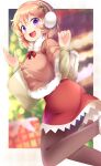  1girl :d absurdres alternate_costume aru_(arudes) blurry blurry_background blush border bow brown_pantyhose capelet christmas christmas_tree commentary_request feet_out_of_frame frilled_skirt frills fur-trimmed_capelet fur_trim gochuumon_wa_usagi_desu_ka? hair_between_eyes hair_ornament hairclip hands_up happy headphones high-waist_skirt highres hoto_cocoa long_sleeves looking_at_viewer medium_hair open_mouth orange_hair pantyhose pink_capelet purple_eyes red_bow red_skirt skirt smile solo tareme white_border 