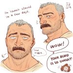  1boy 1girl aaron_gruber_(o_natsuo88) beard_stubble brown_hair chibi cropped_torso english_text facial_hair grey_hair highres laughing looking_at_viewer madison_(o_natsuo88) mature_male medium_hair multiple_views mustache notice_lines o_natsuo88 old old_man original receding_hairline scar scar_on_cheek scar_on_face shirt short_hair simple_background speech_bubble thick_eyebrows thick_mustache wavy_hair white_background wrinkled_skin 