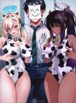  1boy 2girls animal_print asuna_(blue_archive) bare_arms bare_shoulders belt black_hair blonde_hair blue_archive blue_eyes blue_pants breasts cameltoe cleaning_&amp;_clearing_(blue_archive) cleavage_cutout closed_mouth clothing_cutout collared_shirt covered_navel cow_print fake_horns halo hand_on_own_chest high_ponytail highleg highleg_leotard highres horns indoors karin_(blue_archive) korean_commentary large_breasts legs_together leotard looking_at_viewer matchacha multicolored_hair multiple_girls necktie pants parted_bangs pen_in_pocket purple_hair shadow shirt short_hair smile streaked_hair teeth tongue tongue_out upper_teeth_only v watermark white_shirt 