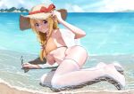  1girl beach bikini blonde_hair blue_ray blue_sky breasts charlotte_dunois cloud day hat highres holding holding_removed_eyewear infinite_stratos large_breasts long_hair lying ocean on_side orange_bikini outdoors purple_eyes shawl sky solo straw_hat sun_hat sunglasses swimsuit thighhighs unworn_eyewear white_shawl white_thighhighs 