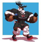 3_fingers anthro antlers big_muscles bobert bottomwear bulge clothing deer english_text fingers footwear grin hi_res holding_object horn huge_muscles huge_pecs hyper hyper_muscles male mammal muscular new_world_deer pants plantigrade reindeer shadow shirt shoes smile solo text text_on_clothing text_on_shirt text_on_topwear thermos topwear walking