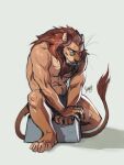 age_difference anthro barefoot bottomwear clothed clothing digital_media_(artwork) eyewear feet felid fur glasses hi_res lion looking_at_viewer male mammal mane muscular muscular_anthro muscular_male older_male pantherine shamerli simple_background sitting solo tail topless underwear