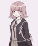  1girl backpack bag black_jacket black_shirt blush brown_hair closed_mouth collared_shirt cowboy_shot danganronpa_(series) danganronpa_2:_goodbye_despair flipped_hair galaga grey_background grey_shirt hair_ornament highres jacket miniskirt nanami_chiaki neck_ribbon open_clothes open_jacket pink_bag pink_eyes pleated_skirt red_ribbon ribbon ringo_ame_no_ria shirt shirt_tucked_in simple_background skirt solo two-tone_shirt 