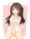  1girl 3: arm_under_breasts blush border breasts brown_eyes brown_hair camisole cleavage collarbone commentary_request flying_sweatdrops frown full_body furrowed_brow hair_intakes half_updo idolmaster idolmaster_cinderella_girls kuwahara long_hair looking_at_viewer medium_breasts one_side_up paid_reward_available pink_background shimamura_uzuki shirt_tug sitting solo tearing_up wariza wavy_mouth white_border white_camisole 