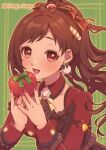  1girl apple blush brooch brown_hair chagi_chage collarbone detached_collar fingernails food fruit hair_ribbon highres holding holding_food holding_fruit idolmaster idolmaster_cinderella_girls jewelry long_hair looking_at_viewer nail_polish ponytail red_eyes red_shirt ribbon shirt smile solo tsujino_akari twitter_username upper_body wrist_cuffs 