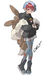  1girl animal_bag black_hoodie blue_hair boots eevee full_body glasses grey_eyes highres hood hood_down hoodie multicolored_hair pantyhose pantyhose_under_shorts penny_(pokemon) pokemon pokemon_sv print_pantyhose red_hair round_eyewear see-through see-through_skirt short_hair short_shorts shorts skirt solo two-tone_hair xiao_chichi 