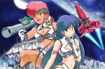  1980s_(style) aqua_eyes armlet blue_eyes blue_hair breasts city cleavage crop_top dark-skinned_female dark_skin dirty_pair earrings finger_to_mouth gloves headband jewelry kei_(dirty_pair) long_hair matching_outfits medium_breasts midriff navel non-web_source official_art photoshop_(medium) planet red_eyes red_hair retro_artstyle rocket_launcher short_hair single_glove sky spacecraft star_(sky) starry_sky weapon yuri_(dirty_pair) 