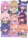  4boys 5girls :d :o :p absurdres akamatsu_kaede amami_rantaro black_hair black_ribbon black_sailor_collar blonde_hair blue_hair blush border brown_hair closed_mouth collared_shirt danganronpa:_trigger_happy_havoc danganronpa_(series) danganronpa_2:_goodbye_despair danganronpa_v3:_killing_harmony ear_piercing earrings flipped_hair fujisaki_chihiro galaga goggles goggles_on_head green_hair green_jacket hair_between_eyes hair_ornament hair_scrunchie harukawa_maki highres hood hood_down hooded_jacket iruma_miu jacket jewelry komaeda_nagito medium_hair mioda_ibuki mouth_piercing multicolored_hair multiple_boys multiple_girls musical_note musical_note_hair_ornament nanami_chiaki neck_ribbon oma_kokichi outside_border piercing pink_hair pink_vest purple_hair red_scrunchie red_shirt ribbon sailor_collar school_uniform scrunchie shirt short_hair smile teeth tongue tongue_out translation_request two-tone_hair upper_teeth_only urami0310 vest white_border white_hair white_shirt 