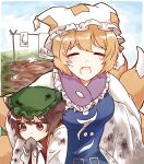  2girls animal_ears blonde_hair blue_tabard brown_eyes brown_hair carrying carrying_under_arm cat_ears chen closed_eyes commentary_request dirty dirty_clothes dress fox_ears fox_tail green_headwear hat highres koto_(shiberia39) laundry_pole mob_cap multiple_girls multiple_tails red_vest shirt tabard tail tears touhou vest white_dress white_headwear white_shirt yakumo_ran 