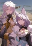  1boy 1girl animal_ears aqua_eyes baiheng_(honkai:_star_rail) black_gloves blue_sky breasts cleavage earrings fox_ears fox_girl fur_trim gloves gradient_sky hand_on_own_hip hand_to_own_mouth highres honkai:_star_rail honkai_(series) jewelry looking_at_another outdoors red_eyes sky takotobuta tassel white_hair yellow_sky yingxing_(honkai:_star_rail) 