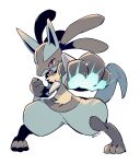  animal_focus artist_name clenched_hand commentary_request foreshortening full_body glowing_hands incoming_attack lucario no_humans open_mouth outstretched_arm pokemon pokemon_(creature) red_eyes sharp_teeth simple_background slit_pupils standing straight-on teeth tetori tongue 