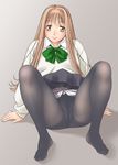  bangs bow brown_eyes brown_hair copyright_request crotch_seam feet highres long_hair no_panties orange_brand pantyhose pubic_hair pussy school_uniform sitting skirt smile solo spread_legs sweater yellow_eyes 