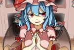  1girl bat_wings blue_hair fang frilled_sleeves frills hat hat_ribbon medium_hair misair0 mob_cap puffy_short_sleeves puffy_sleeves red_eyes red_ribbon remilia_scarlet ribbon short_sleeves smile solo touhou upper_body wings 