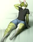 abstract_background absurd_res anthro bed bedroom big_butt black_polo_shirt blue_bottomwear blue_clothing blue_jeans blue_pants bottomwear butt chatski chubby_anthro chubby_male clothing denim denim_bottomwear denim_clothing flat_chested fur fur_markings furniture girly green_body green_fur green_hair hair hand_on_head hi_res huge_butt huge_hips huge_thighs jeans jeans_shorts lagomorph leporid looking_at_viewer male mammal markings pants paws rabbit seductive sitting slightly_chubby solo thick_thighs white_bed_sheet white_body white_fur wide_hips