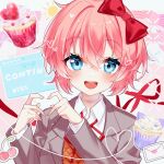  1girl :d agent_ruri blue_eyes blush bow brown_sweater_vest cherry collared_shirt commentary_request crossed_bangs cupcake doki_doki_literature_club dress_shirt envelope eyelashes food fruit grey_jacket hair_between_eyes hair_bow hair_intakes hands_up heart heart_hands highres jacket lapels long_sleeves looking_at_viewer love_letter neck_ribbon open_clothes open_jacket open_mouth outline pink_background pink_hair qr_code red_bow red_ribbon ribbon sayori_(doki_doki_literature_club) school_uniform shirt short_hair sidelocks simple_background smile solo sun sweater_vest teeth upper_body upper_teeth_only white_background white_outline white_shirt wing_collar 