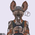 african_wild_dog animated anthro beverage canid canine clothing coffee coffee_mug eyes_closed headgear headwear huskyralvar low_res male mammal piercing shirt solo tank_top topwear