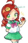  1girl ahoge alternate_costume andou_ringo apple arm_behind_back bow commentary doradorakingyo drill_hair food fruit green_eyes green_sailor_collar holding holding_food holding_fruit looking_at_viewer name_connection object_namesake open_mouth pink_bow puyo_(puyopuyo) puyopuyo puyopuyo_7 red_apple red_hair sailor_collar shirt simple_background solo symbol-only_commentary thighhighs twin_drills twitter_username white_background white_shirt white_thighhighs 