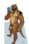 anthro beard big_penis blue_background blue_eyes cellphone electronics erection facial_hair genitals hi_res huawei kahlu kodiak_(kodiak079) looking_at_viewer male mammal musclegut muscular mustache mustelid nude otter penis phone pubes selfie simple_background smartphone solo standing tattoo vein veiny_penis white_background