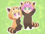  2girls :3 :d animal_hood arms_up blonde_hair blush chibi commentary_request cosplay fake_tail floral_background full_body green_background green_eyes hand_on_own_chin hood hood_up idol_time_pripara ikzw kigurumi long_sleeves looking_at_viewer manaka_laala multiple_girls open_mouth outstretched_arms pretty_series pripara purple_eyes purple_hair red_panda_costume seiza short_hair sitting smile tail yumekawa_yui 