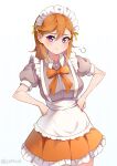  1girl :t absurdres apron artist_name blush bow breasts buttons closed_mouth commentary_request dress frilled_apron frills hands_on_own_hips highres looking_at_viewer love_live! love_live!_superstar!! maid maid_apron maid_headdress medium_hair orange_bow orange_hair pout puff_of_air puffy_short_sleeves puffy_sleeves purple_eyes ribbon shibuya_kanon short_sleeves simple_background solo standing upper_body waist_apron white_apron white_background yellow_ribbon yzlkun 
