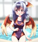  1girl :d bird_girl bird_wings black_hair black_one-piece_swimsuit blurry blurry_background blush collarbone commentary_request cowboy_shot grey_hair head_wings highres horns looking_at_viewer medium_hair multicolored_hair one-piece_swimsuit open_mouth pool red_eyes ruu_(tksymkw) single_head_wing smile solo swimsuit tokiko_(touhou) touhou two-tone_hair wings 