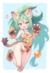  1girl :d animal_ear_fluff animal_ears animal_hands animal_print blue_background blush breasts brown_footwear brown_gloves cham_cham commentary_request covered_navel cropped_legs fang gloves green_eyes green_hair groin highres kolshica looking_at_viewer notice_lines paw_gloves paw_shoes samurai_spirits short_eyebrows small_breasts smile solo standing standing_on_one_leg tail thick_eyebrows tiger_ears tiger_girl tiger_print tiger_tail two-tone_background white_background 