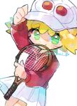  1girl adjusting_clothes adjusting_headwear amitie_(puyopuyo) blonde_hair closed_mouth commentary doradorakingyo green_eyes holding_tennis_racket jacket long_sleeves looking_at_viewer puyopuyo puyopuyo_fever puyopuyo_quest red_jacket short_hair skirt smile solo symbol-only_commentary track_jacket twitter_username white_background white_headwear white_skirt 
