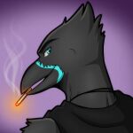 anthro avian beak bird black_body black_feathers blue_beak blue_eyes cigarette cigarette_in_mouth cigarette_smoke clothing corvid corvus_(genus) feathers headshot_portrait hi_res jewelry male necklace object_in_mouth oscine passerine pertinax portrait prismanoodle_(artist) raven shirt solo tank_top topwear