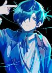  1boy black_background blue_eyes blue_hair collared_shirt finger_gun finger_gun_to_head gekkoukan_high_school_uniform hair_over_one_eye highres jacket male_focus open_clothes open_jacket parted_lips persona persona_3 school_uniform shirt simple_background solo syu_raii upper_body yuuki_makoto 