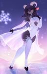 anthro black_hair blush bovid caprine clothed clothing digital_media_(artwork) eyes_closed fur girly gloves goat hackainax hair handwear hi_res hooves horn ice jewelry legwear leotard male mammal morgan(fade) sky smile snow solo stockings sunrise