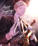  1boy absurdres black_coat black_curtains black_necktie blonde_hair blurry blurry_background coat collared_shirt curtains ear_piercing given green_eyes happy_birthday highres holding holding_instrument holding_violin instrument kaji_akihiko light light_blush long_sleeves looking_at_viewer male_focus mouth_piercing multiple_piercings murata_ugetsu necktie piercing pinoli_(pinoli66) shirt short_hair solo_focus sparkle suit upper_body violin waving 
